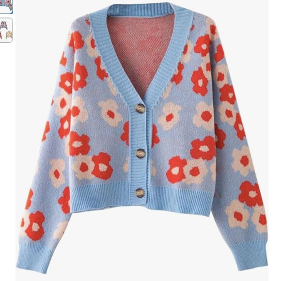 Women's Red and Blue Floral V-Neck Crop Cardigan - Picture 1 of 8
